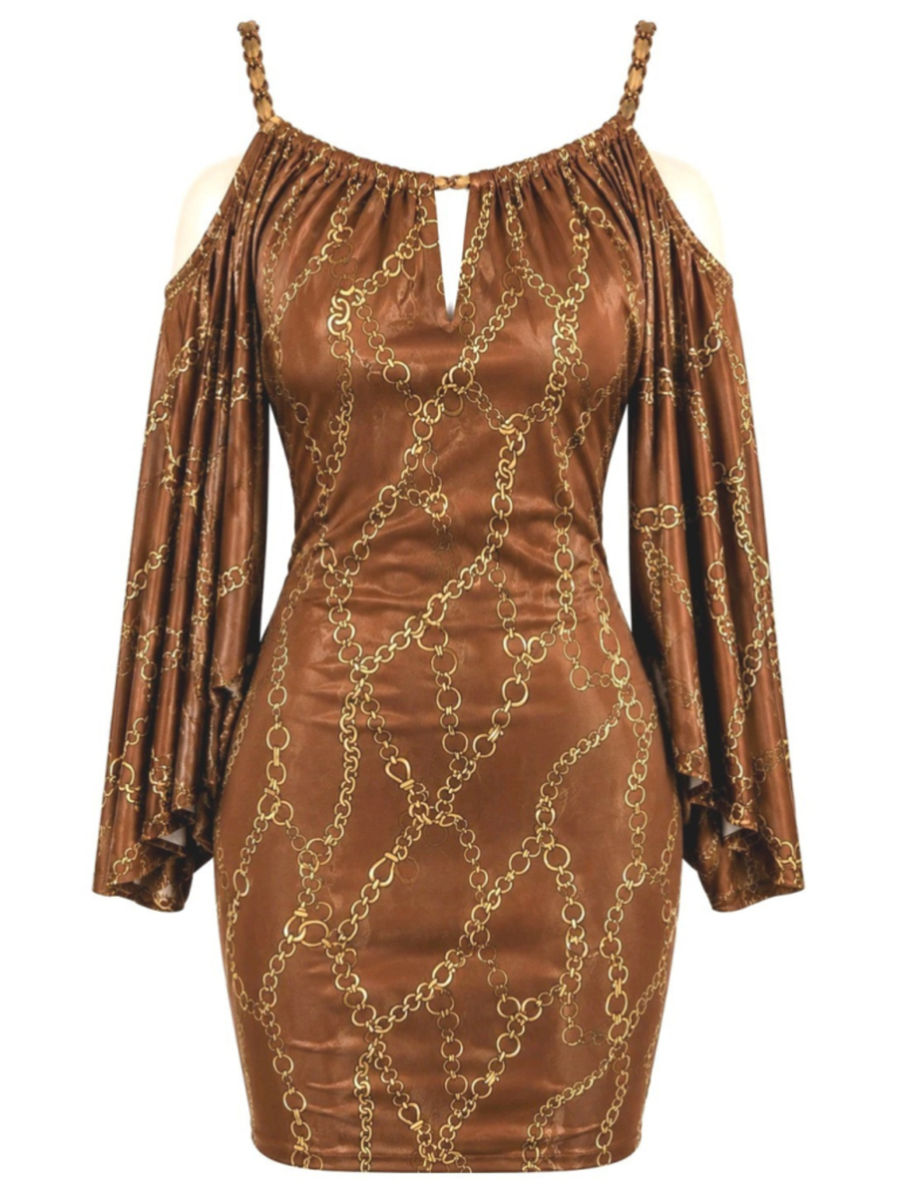 Sky Brown Gold Chain Print Bodycon Dress XS NWOT Bell Sleeve Keyhole